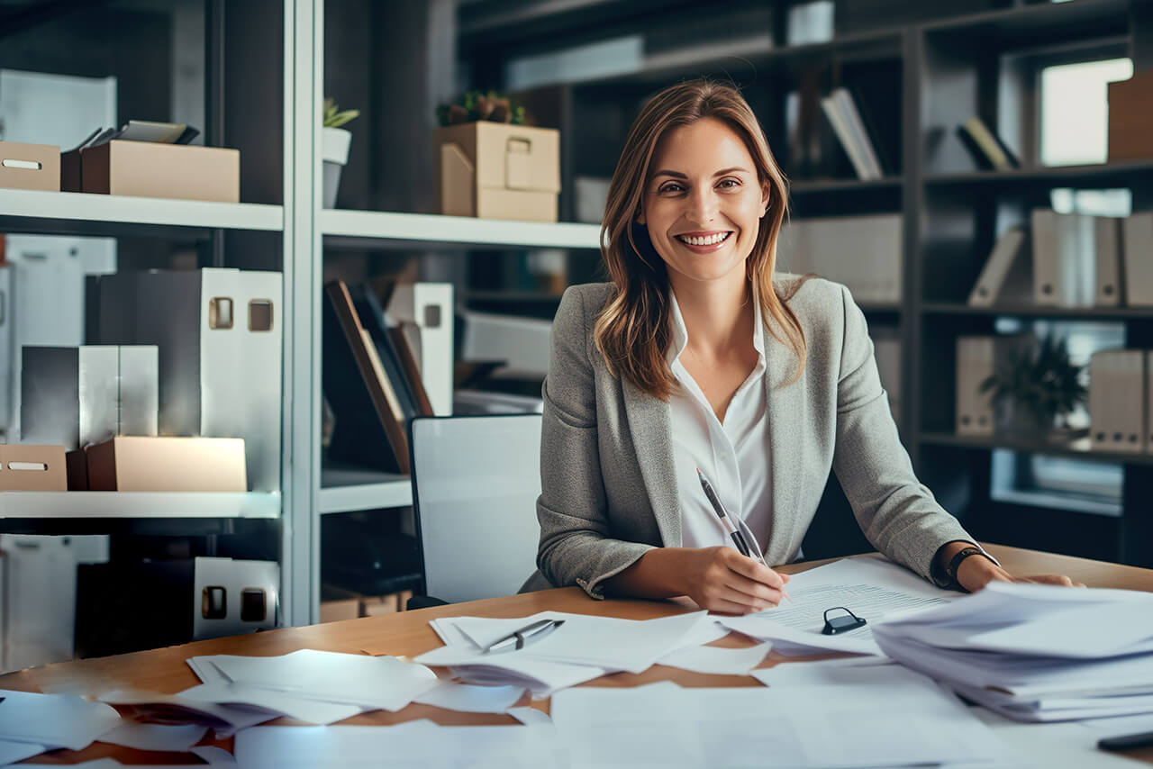 Vermögensschadenhaftpflicht für Berufsbetreuer Berufsbetreuerin bereitet am Schreibtisch Unterlagen vor - Haftungsrisiken vermeiden, wenn doch ein Fehler auftritt, hilft die Vermögensschadenhaftpflicht