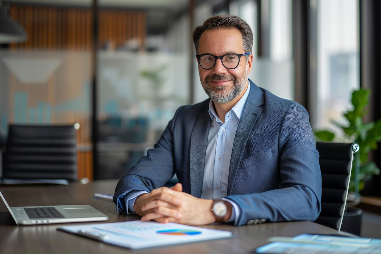 Berufshaftpflichtversicherung für Datenschutzbeauftragter Mann im Anzug sitzt lächelnd am Schreibtisch mit Laptop und Unterlagen.