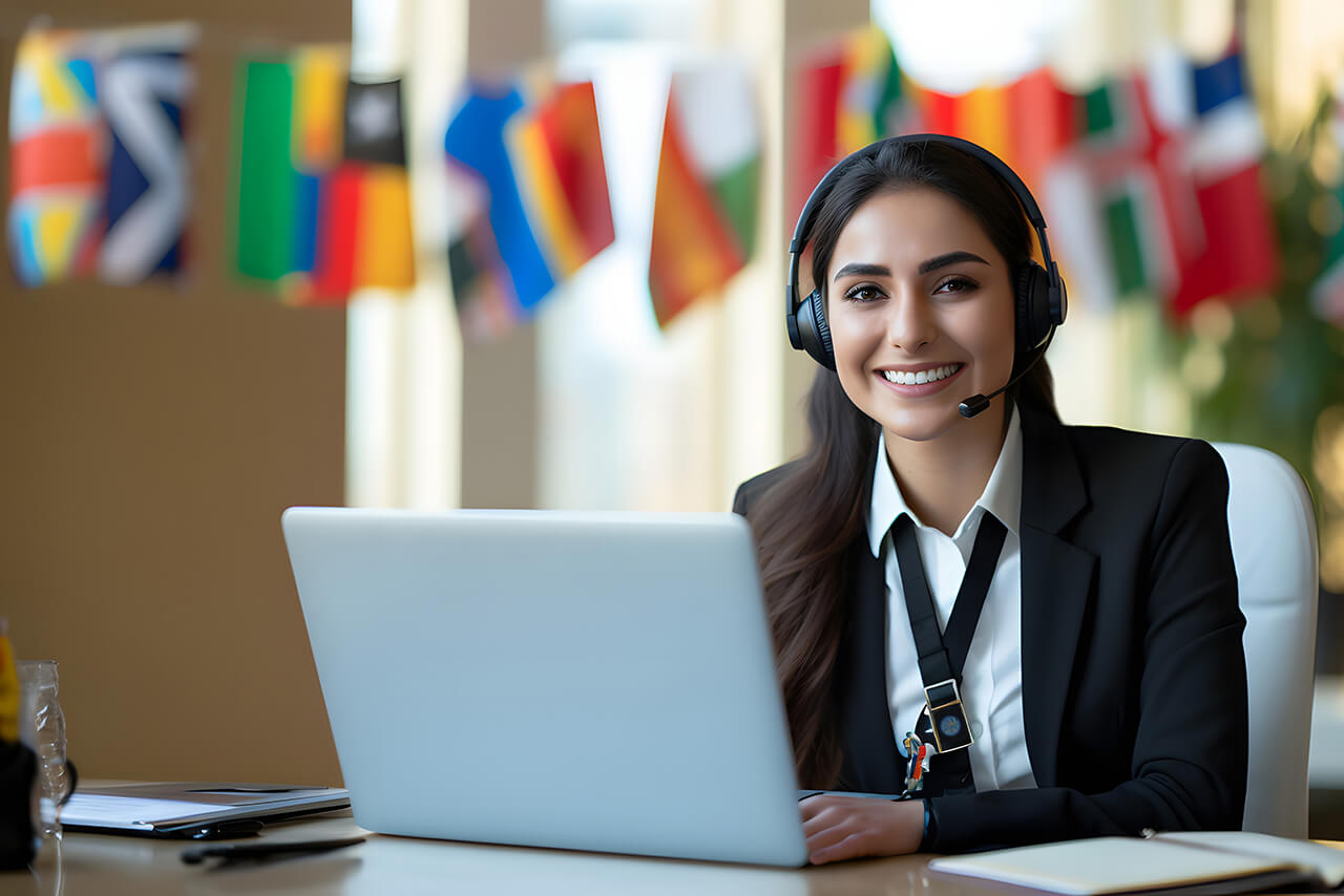 Lächelnde Frau mit Headset sitzt am Laptop, im Hintergrund internationale Flaggen.