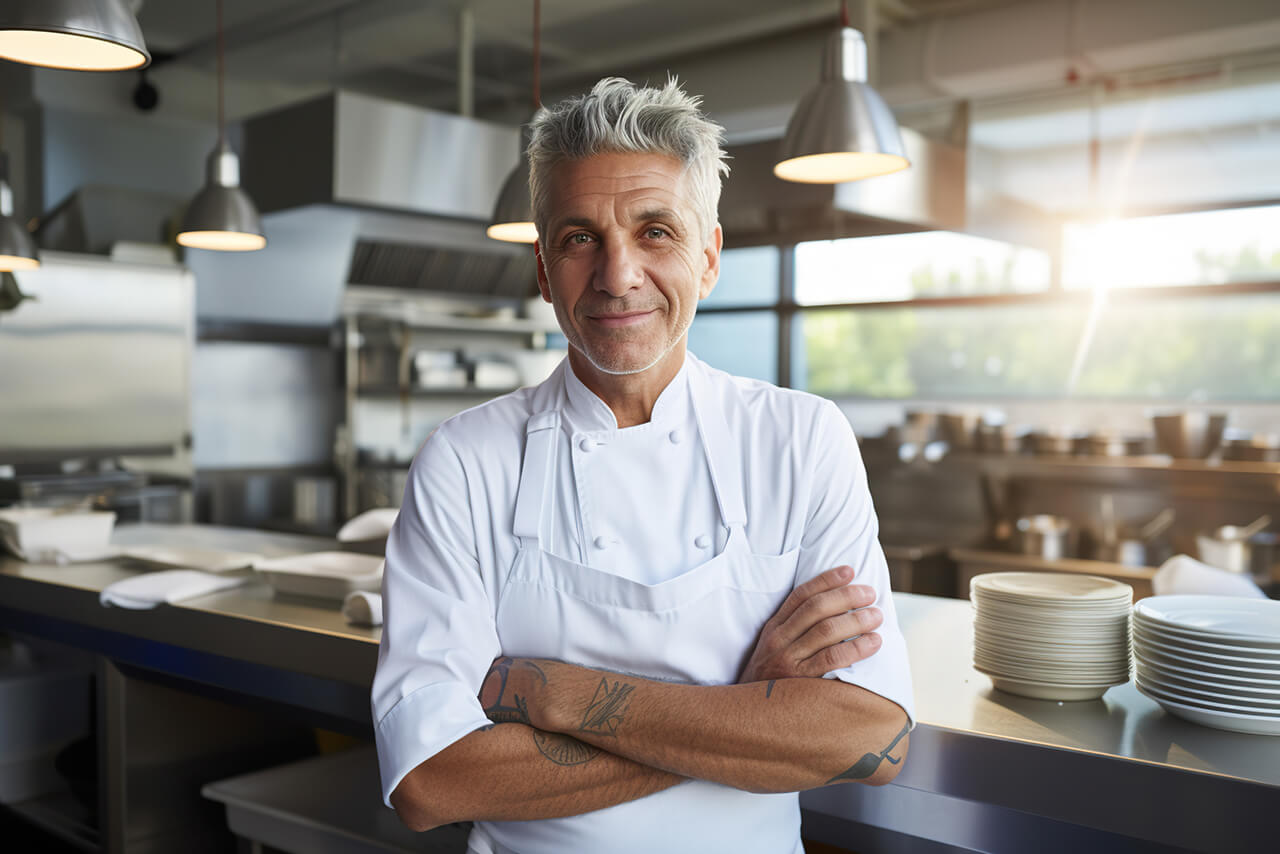 Betriebshaftpflicht Koch Erfahrener Koch in weißer Jacke steht mit verschränkten Armen selbstbewusst in einer professionellen Restaurantküche.