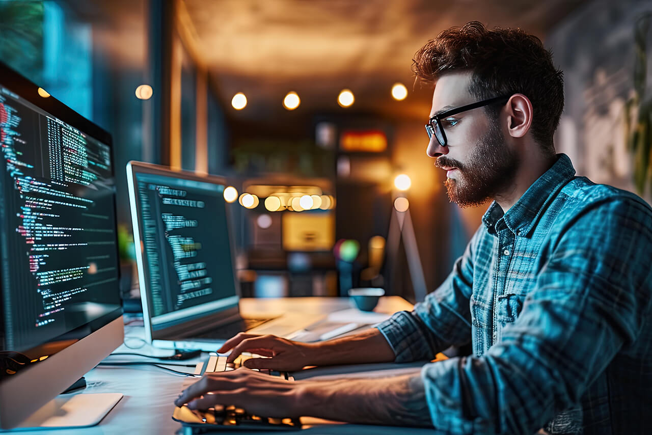 IT-Haftpflichtversicherung - Berufshaftpflichtversicherung in der IT-Branche Programmierer sitzend am Schreibtisch, auf dem Bildschirm Programmiercode - Arbeit und Vermögen schützen mit einer Berufshaftpflichtversicherung in der IT-Branche