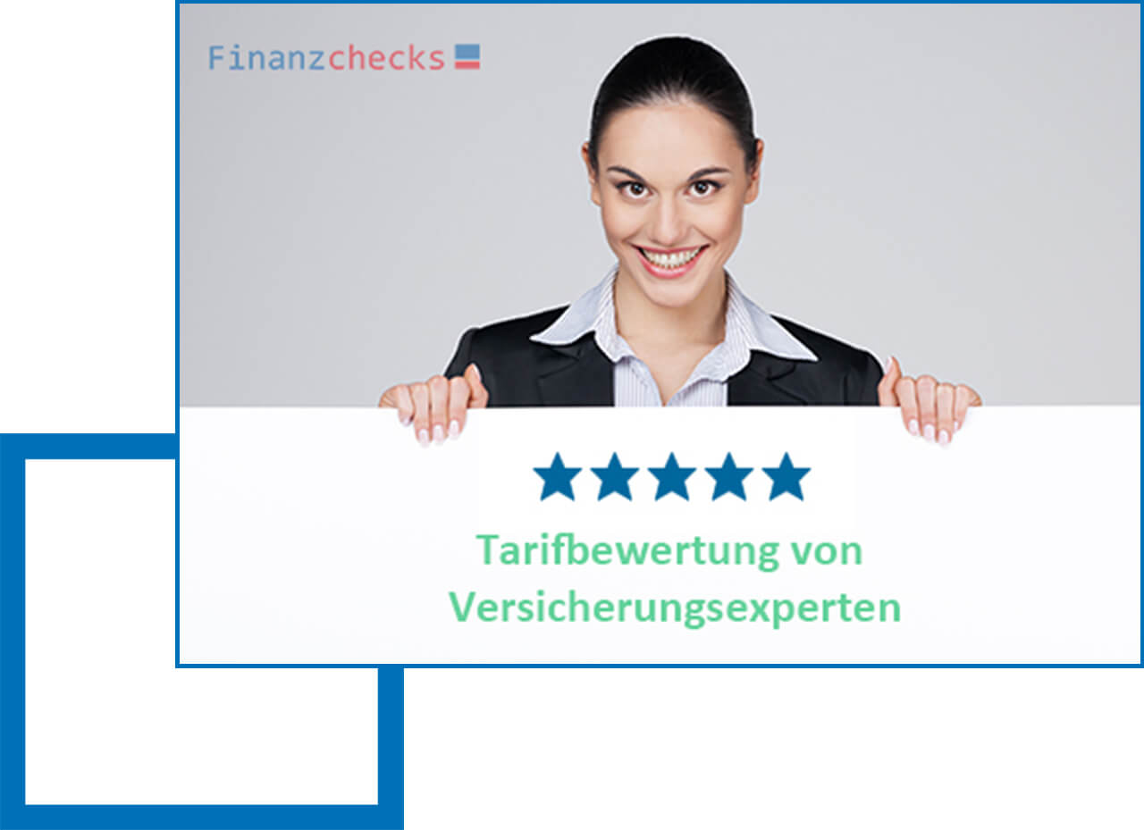 Testergebnisse von unseren Versicherungsexperten im Online-Rechner Dame hält Schild auf dem steht, dass die Tarifbewertungen - die im Online-Rechner zu finden sind - von unseren Versicherungsexperten stammen.